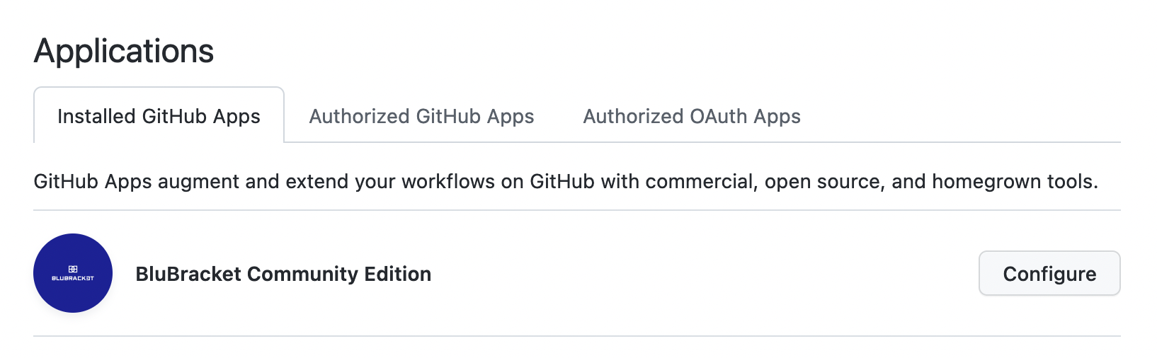 The BluBracket app for GitHub Checks for BluBracket Community and Team Edition accounts as it appears in the GitHub app configuration page