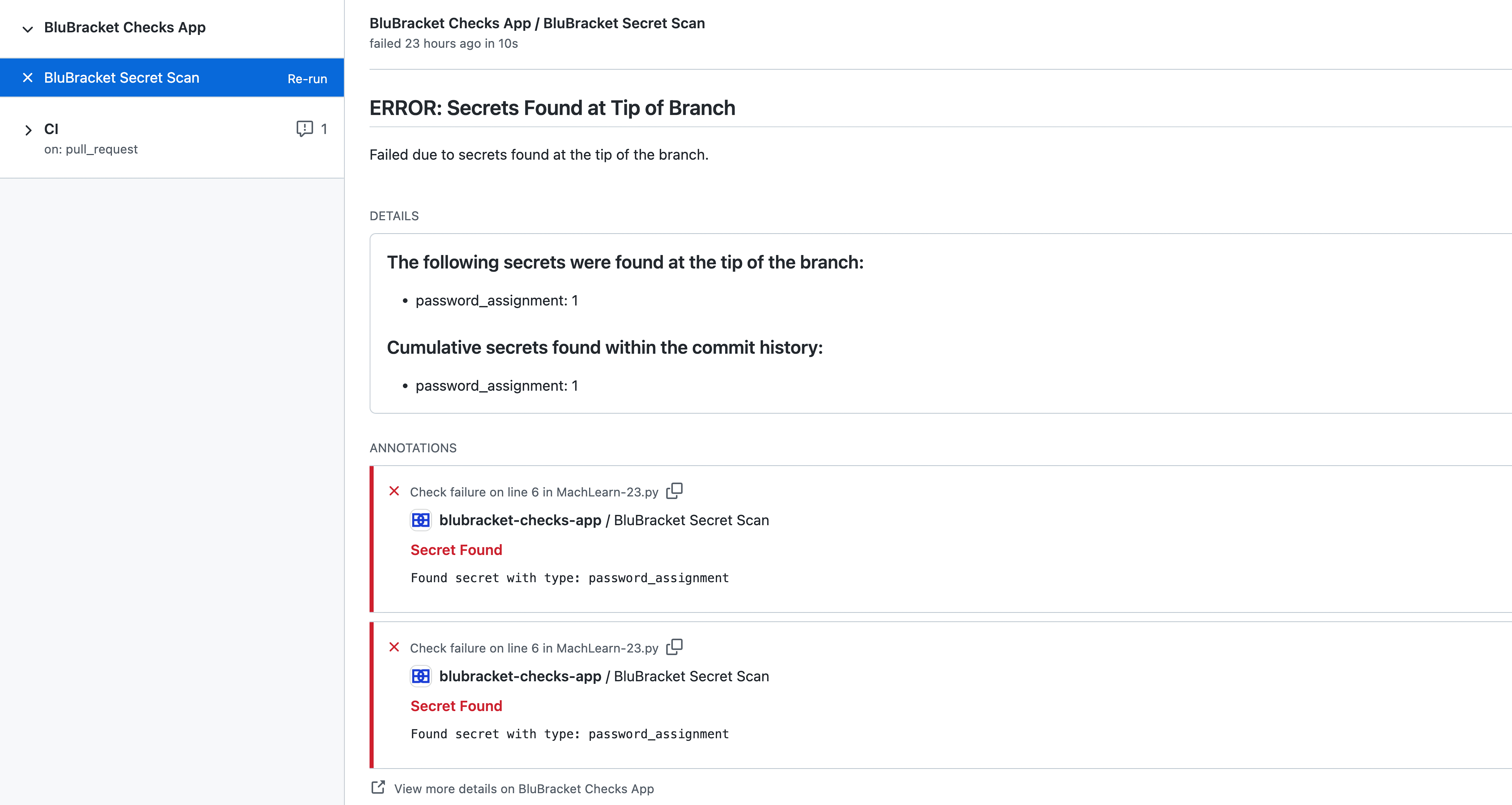Example of a failing check on a pull request