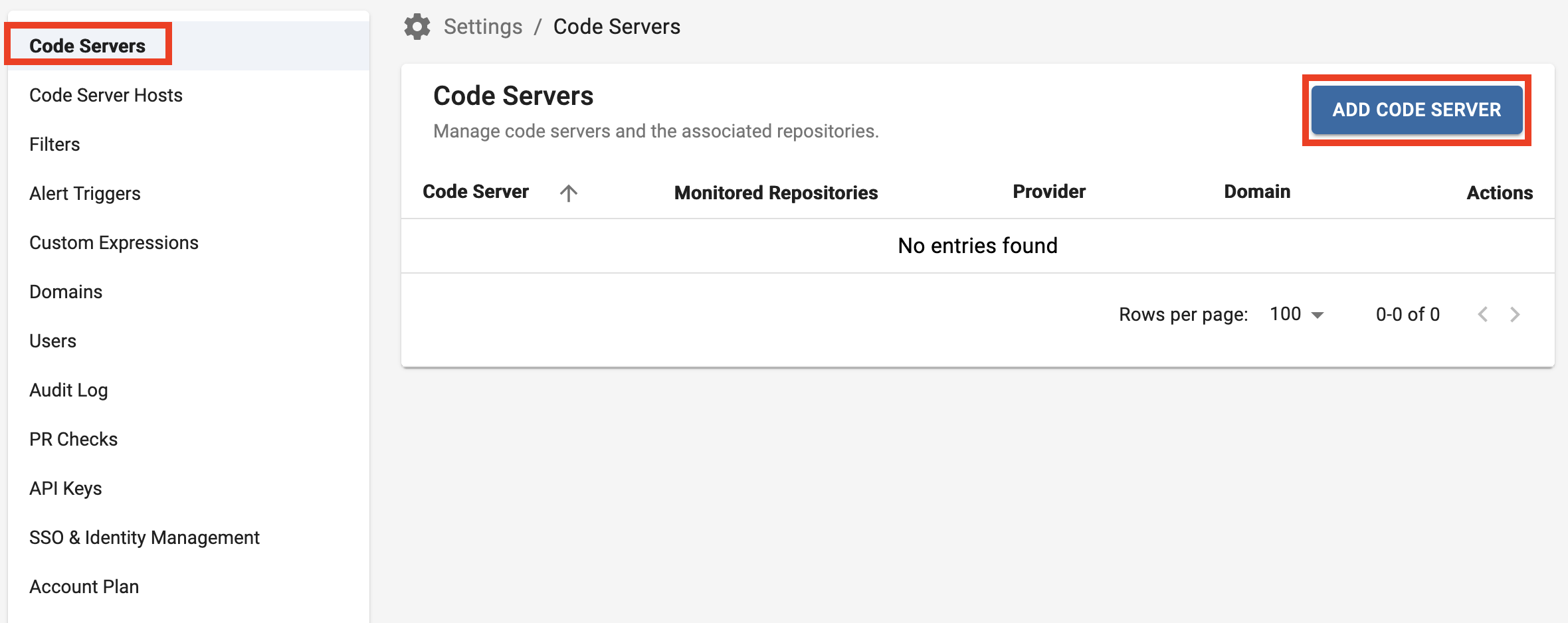 The Settings → Code Servers page.