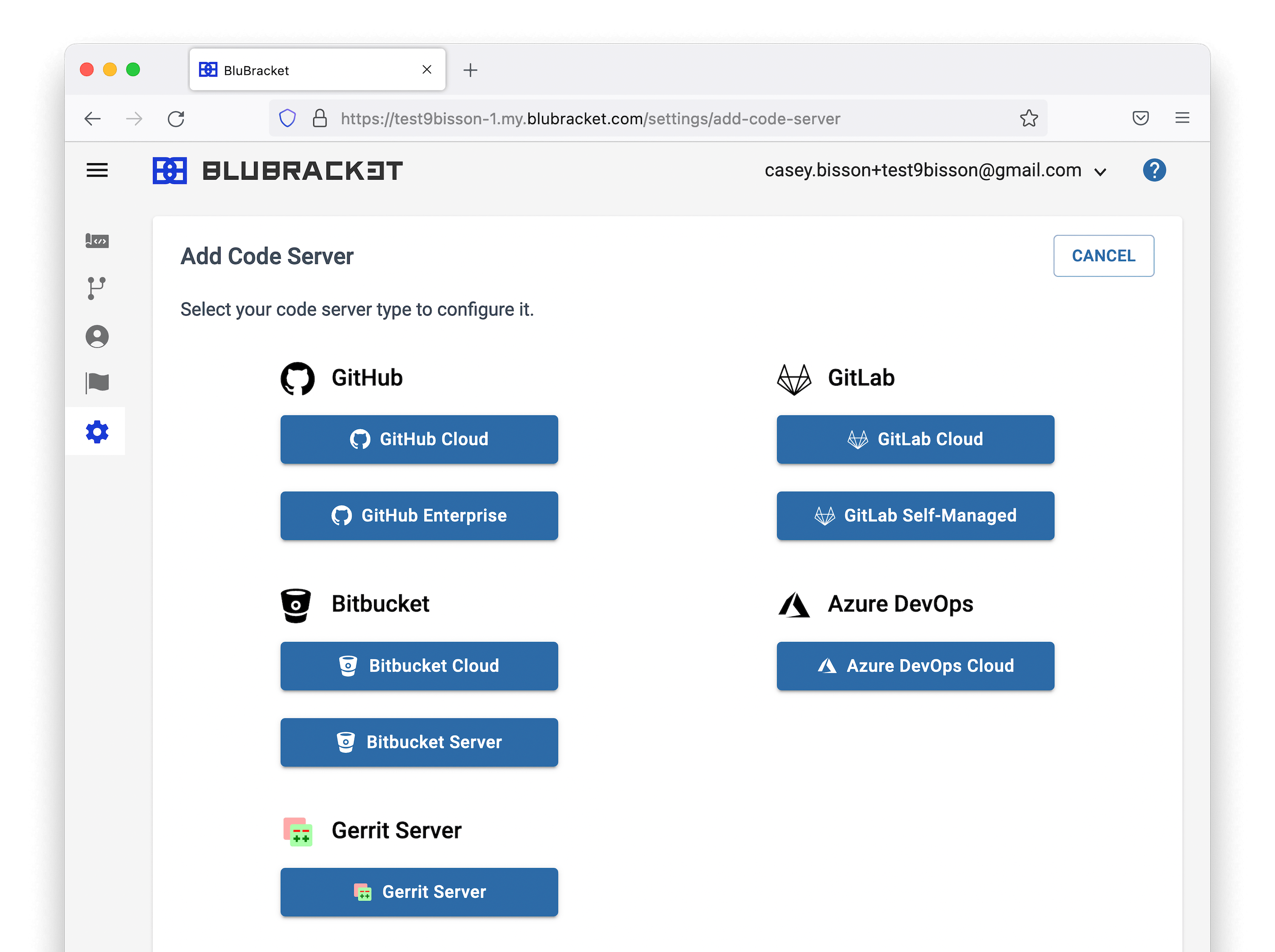 The list of code server types in BluBracket.