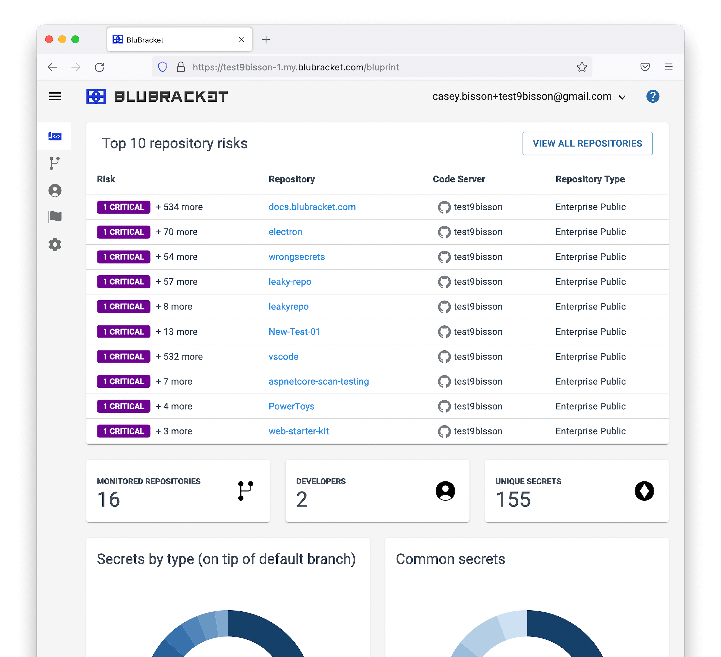 BluBracket&rsquo;s quick view of your code security health.