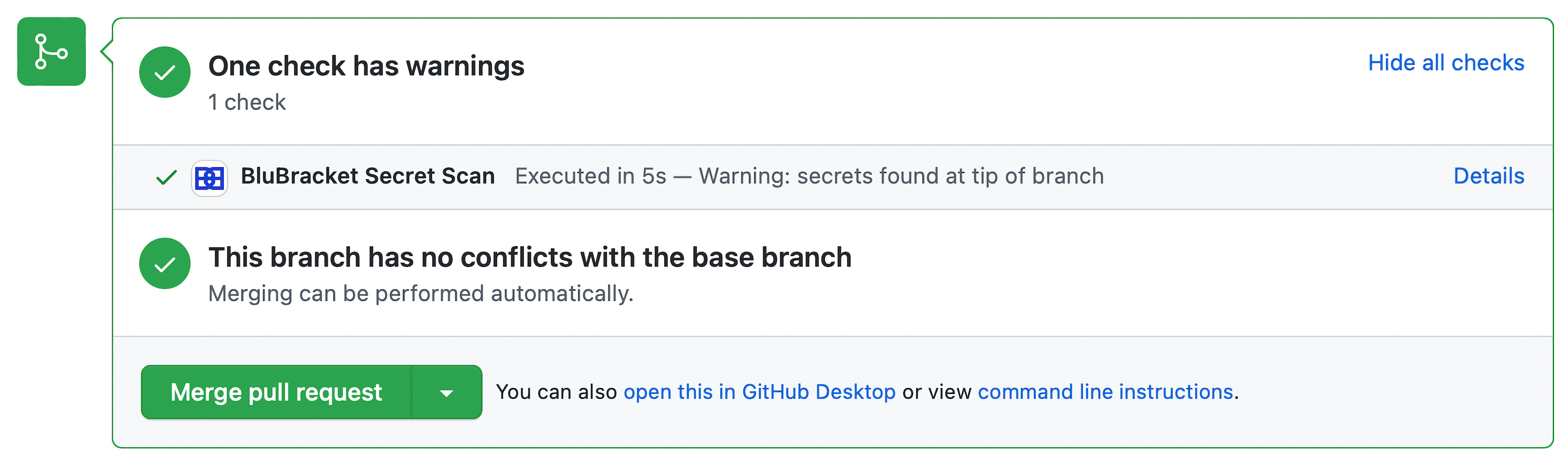 The BluBracket app for GitHub Checks helps protect each pull request.