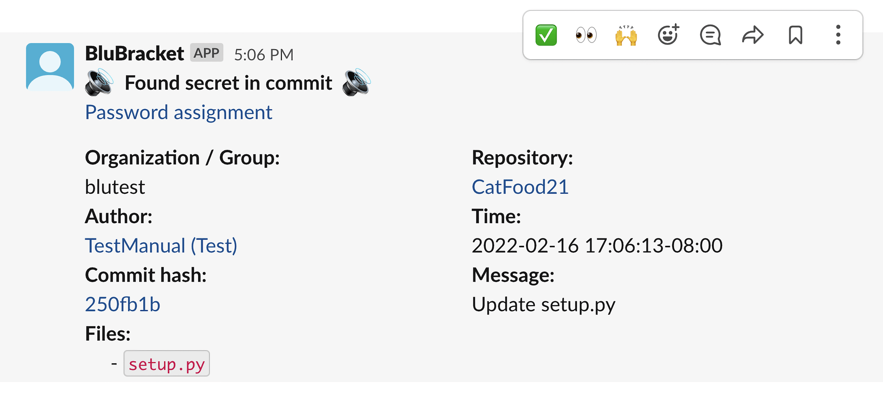 BluBracket integration with Slack can alert teams about code risks in new commits in real time.