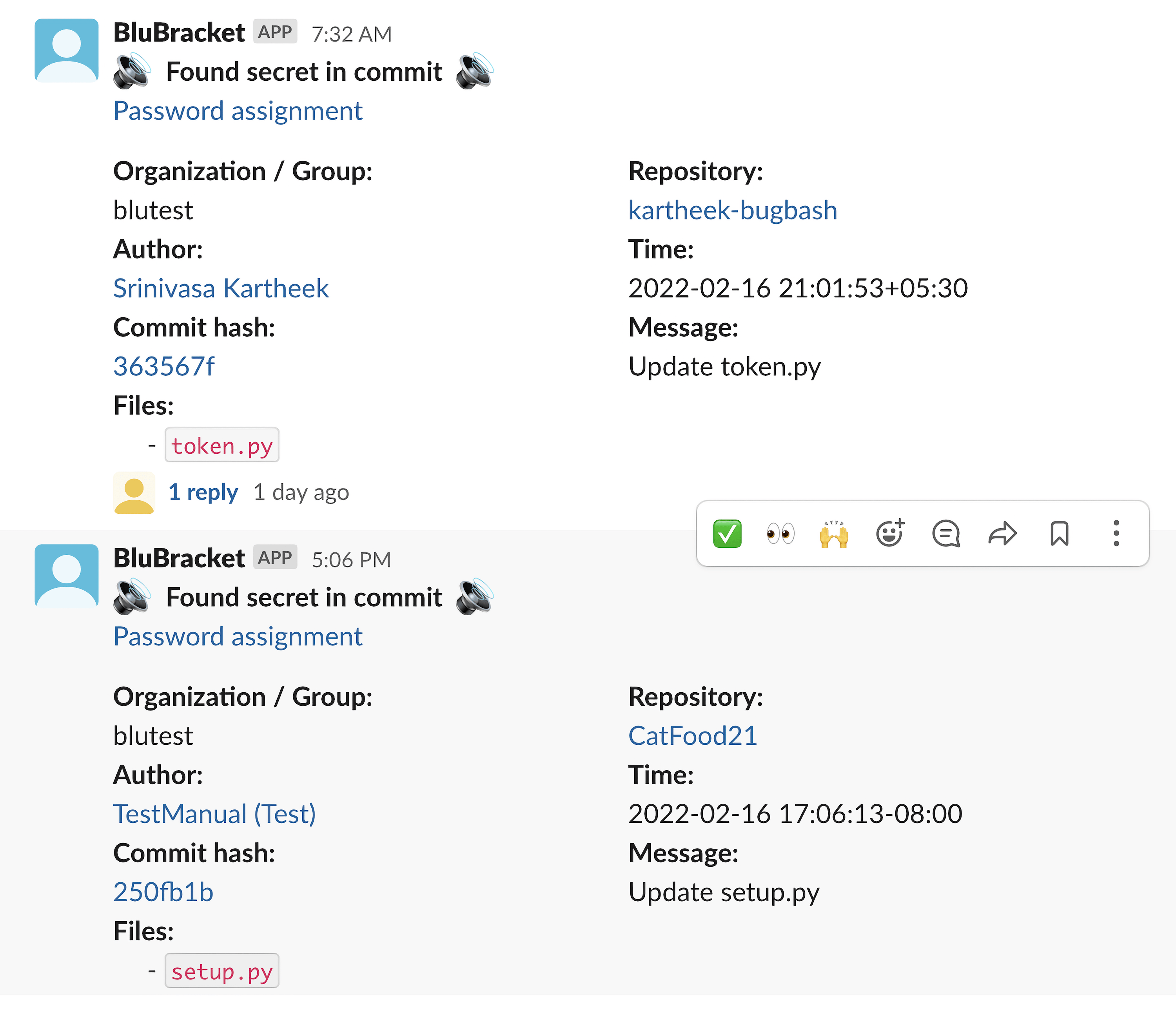 BluBracket integration with Slack can alert teams about code risks in new commits in real time.